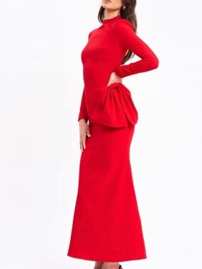 Miss Circle NY Radha Red Backless Longsleeve Maxi Dress With Bow┆Red┆491